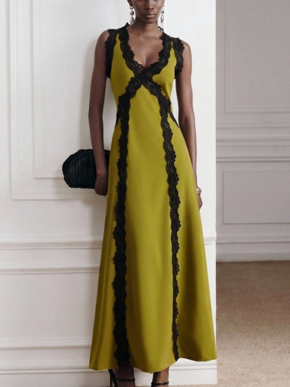 Mustard Yellow Elegant Women's Contrast Lace A-Line Maxi Dress - Picture 4 of 6
